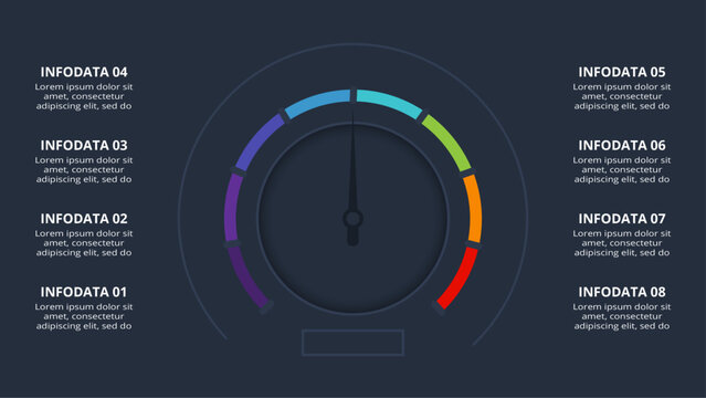 Speedometer infographic with 8 elements, presentations, vector illustration. Template for web on a black background.