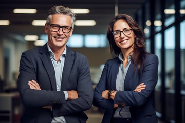 Business couple standing together in office - obrazy, fototapety, plakaty