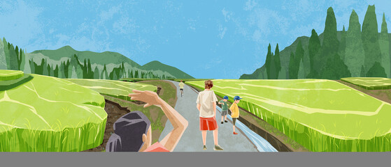 日本の夏の水田原風景手描き水彩風イラスト