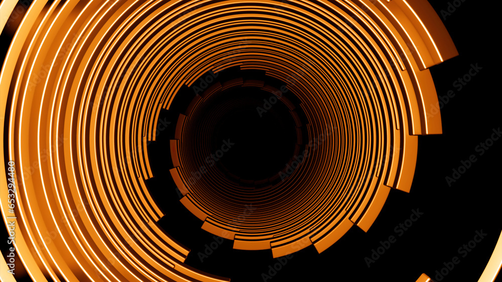 Poster red and orange neon patterns. design. black background with thin narrow stripes that make circular m
