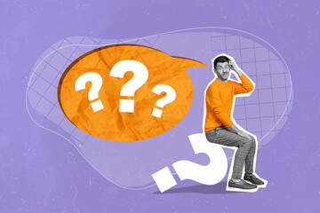 Artwork image collage of puzzled minded man hand touch head solving problem trouble isolated on drawing background