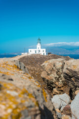 Armenistis Lighthouse, in Mykonos, Aegean Sea, Greece. - 653294660