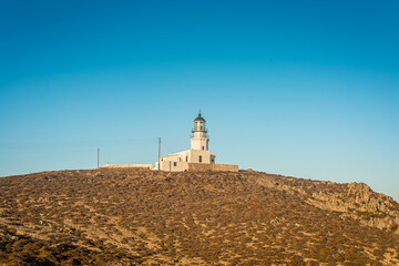 Armenistis Lighthouse, in Mykonos, Aegean Sea, Greece. - 653294674