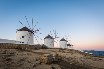 Mykonos windmills in Cyclades Archipielago, Greece. - 653294683