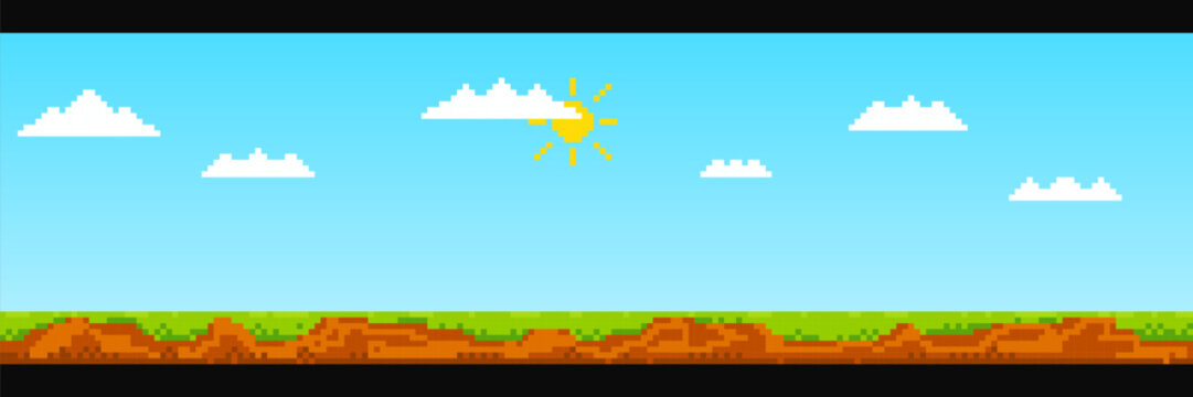 Pixelated seamless landscape background with sky, clouds, sun, rth to create various scenes and levels in 8 bit games.