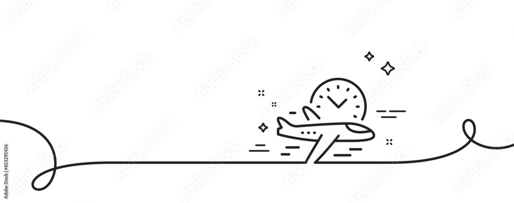 Poster flight time line icon. continuous one line with curl. airplane with clock sign. airport flights symb