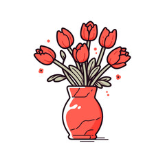Tulips in a Vase vector icon in minimalistic, black and red line work, japan web
