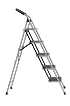 Side shot of metallic safe ladder with wide steps isolated on white background