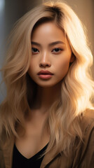 Naklejka premium Portrait of Stunning Young Asian Woman with Blond Hair Captured in Golden Hour and Natural Light, High-Quality Beauty Photography