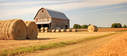A scenic view of a rural farmland during the summer harvest, with neatly stacked haystacks