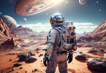 Astronaut on outer planet. Science fiction universe exploration