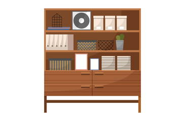 Wooden chest of drawers with shelves, cabinet. Decorative element of interior design for home or office. Closet isolated on white background. Empty open furniture storage cabinet with boxes