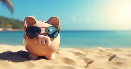 Foto op Plexiglas Piggy bank with sunglasses stands on the dream beach or beach with palm trees and sea - theme vacation and savings or Travel agency © Steffen Kögler