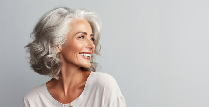 Attraktive Senior Frau mit grauen Haaren und perfektem Lachen und Z&auml;hnen vor hellem Hintergrund - Thema Haarmodel, Zahnmodel, jung bleiben