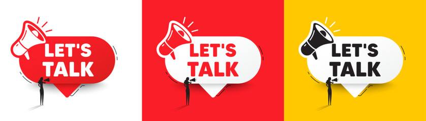 Lets talk tag. Speech bubble with megaphone and woman silhouette. Connect offer sign. Conversation symbol. Lets talk chat speech message. Woman with megaphone. Vector - obrazy, fototapety, plakaty
