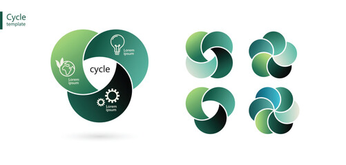 circular diagram icon process flow chart pie infographic, cycle economy template circle logo vector graph in green color, concept of green sustainable eco friendly business background - obrazy, fototapety, plakaty
