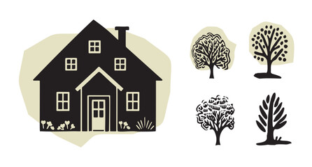 Whimsical forest tree with building design collection vector organic style with colored blob. Woodland cottage for outdoor quirky linocut set. 