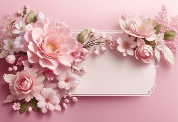 Banner with flowers on light pink background. Greeting card template for Wedding