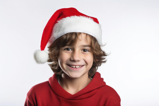 A young boy wearing a Santa Claus hat. This image can be used to depict the holiday season and the joy of Christmas celebrations.