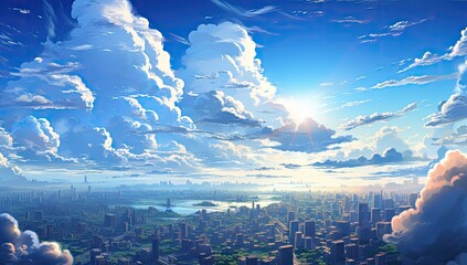 Chmury nad futurystycznym miastem w stylu anime. 