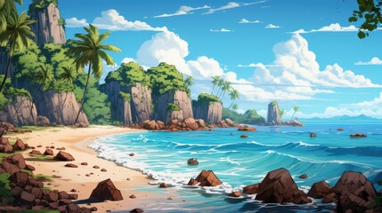 Piaszczysta plaża z palmami, skałami w morskich falach i błękitnym niebem. Ilustracja w stylu...