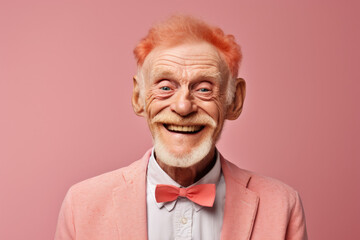 An older man wearing a pink bow tie and jacket. This picture can be used for fashion, formal events, or as a representation of unique style. - Powered by Adobe