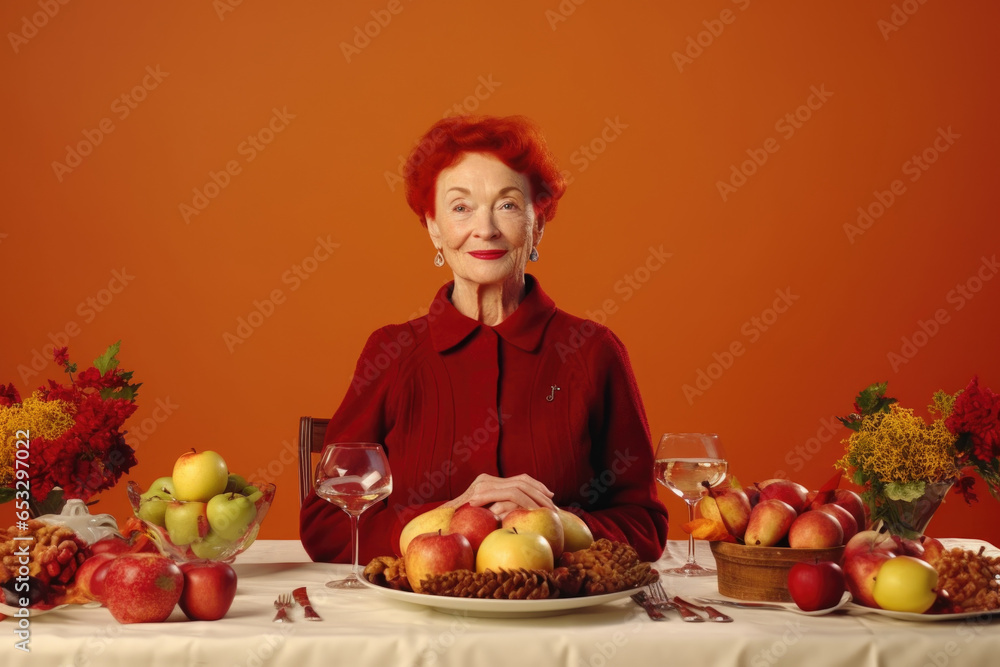 Aufkleber a woman is seen sitting at a table, with a plate of apples in front of her. this image can be used t
