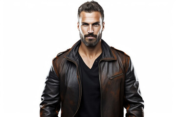Obraz premium A picture of a man with a beard wearing a leather jacket. This versatile image can be used in various contexts.