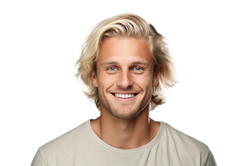 A picture of a man with blonde hair wearing a white t-shirt. This image can be used for various purposes.