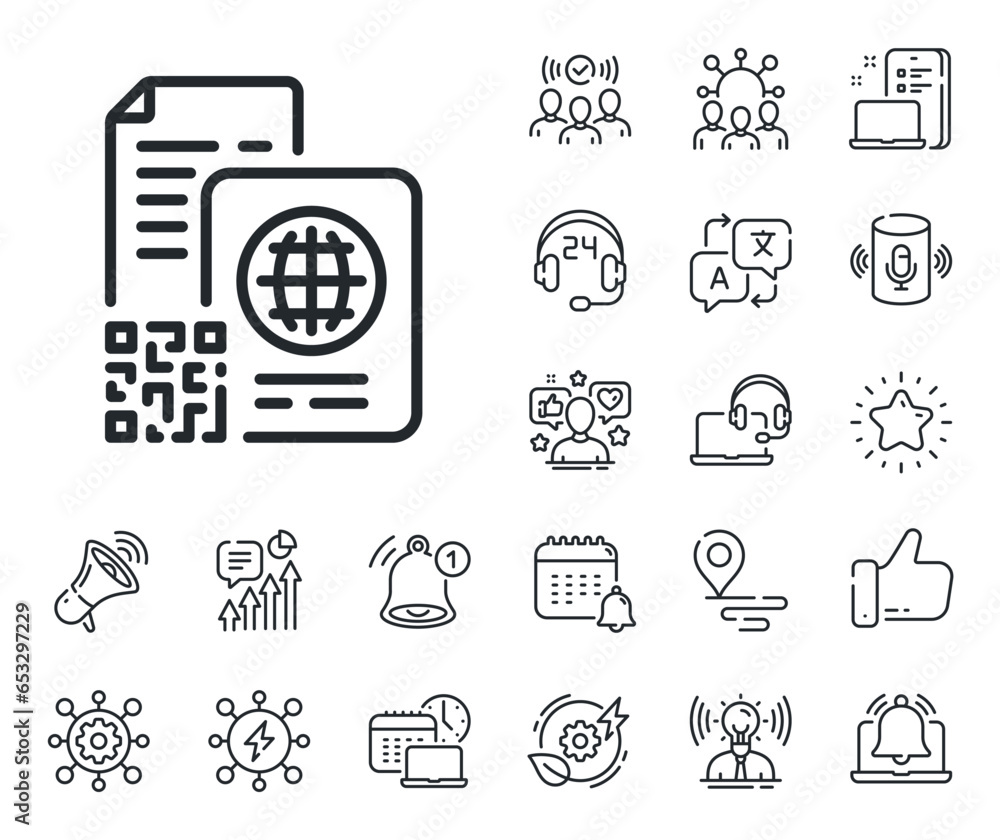 Poster scan barcode sign. place location, technology and smart speaker outline icons. qr code line icon. pa