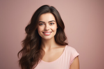 A woman with long brown hair smiling at the camera. This image can be used to convey happiness, positivity, and confidence. It is suitable for various purposes such as advertisements, blog posts, soci