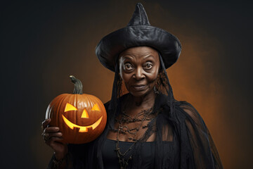 A woman dressed in a witch costume holding a intricately carved pumpkin. This image can be used for Halloween-themed designs or to illustrate festive celebrations.