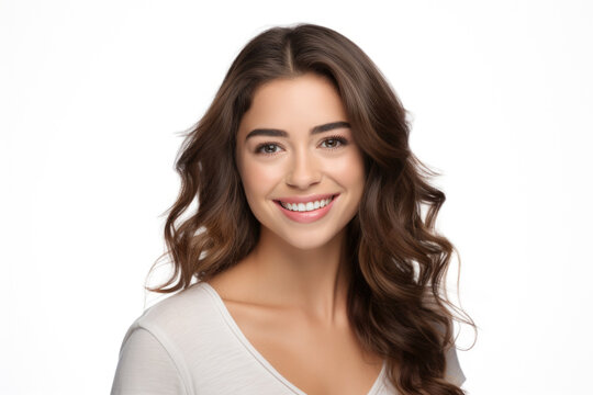 A woman with long brown hair smiling at the camera. This picture can be used for various purposes such as advertising, social media, and website content.