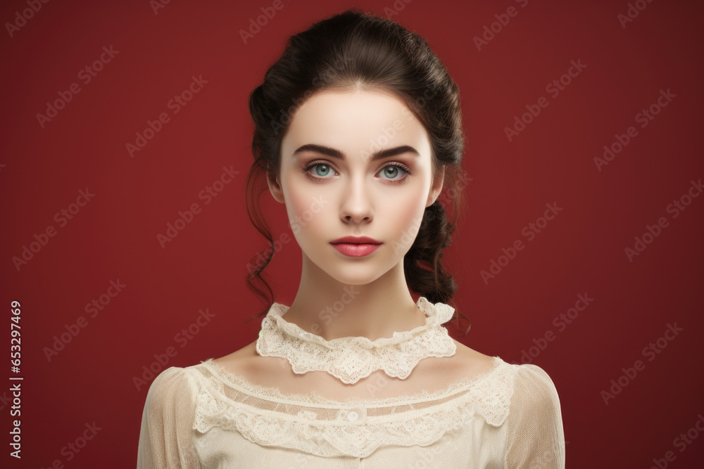 Poster a woman wearing a white dress stands against a vibrant red background. this image can be used to cre