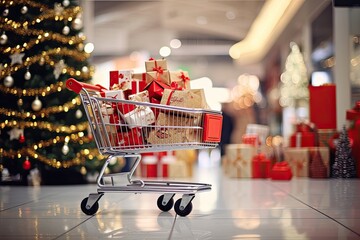 A large cart with Christmas gifts in mall against the background of a Christmas tree with garlands. Creative Christmas shopping. Holiday sales and discounts for the New Year.