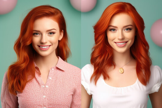 A picture of two women with vibrant red and orange hair. Perfect for showcasing diversity and individuality. Can be used to represent friendship, fashion, or self-expression.