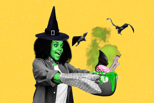 Composite creative photo illustration collage of impressed funky witch hold in gloves green potion isolated on yellow color background