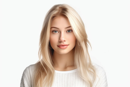 A stunning blond woman with long hair posing for a picture. This versatile image can be used in various contexts.