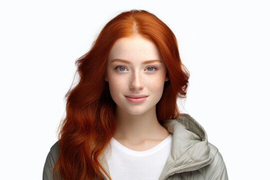 A woman with long red hair is pictured wearing a jacket. This image can be used to represent fashion, style, or a confident and independent woman.