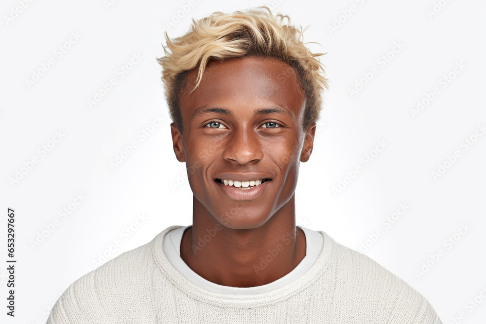 Poster a man wearing a white sweater smiles directly at the camera. this image can be used to portray happi