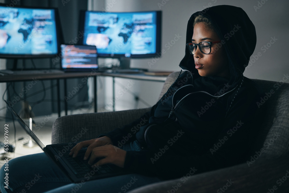 Poster Hacker, woman with laptop and information technology, global network and database with phishing and cyber crime. Cybersecurity, programming or hacking, criminal with pc for ransomware and firewall