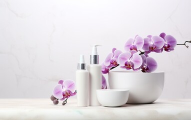 Set of cosmetic products white bottles mockups. Containers on a light background with orchid flowers. Beauty, cosmetology, wellness, spa salon, skin care industry concept