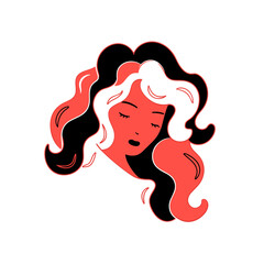 Long curly wig vector icon in minimalistic, black and red line work, japan web