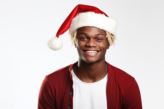 A cheerful man wearing a Santa hat and smiling. This picture can be used to depict holiday cheer and festive spirit.