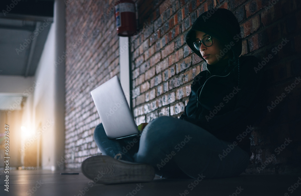 Aufkleber Hacker, woman in dark room with laptop and programming, phishing and cyber crime with database or server. Cybersecurity, information technology and criminal with pc, ransomware and firewall breach