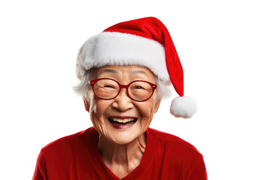 An older woman wearing a santa hat and glasses. This picture can be used for holiday-themed designs and promotions.