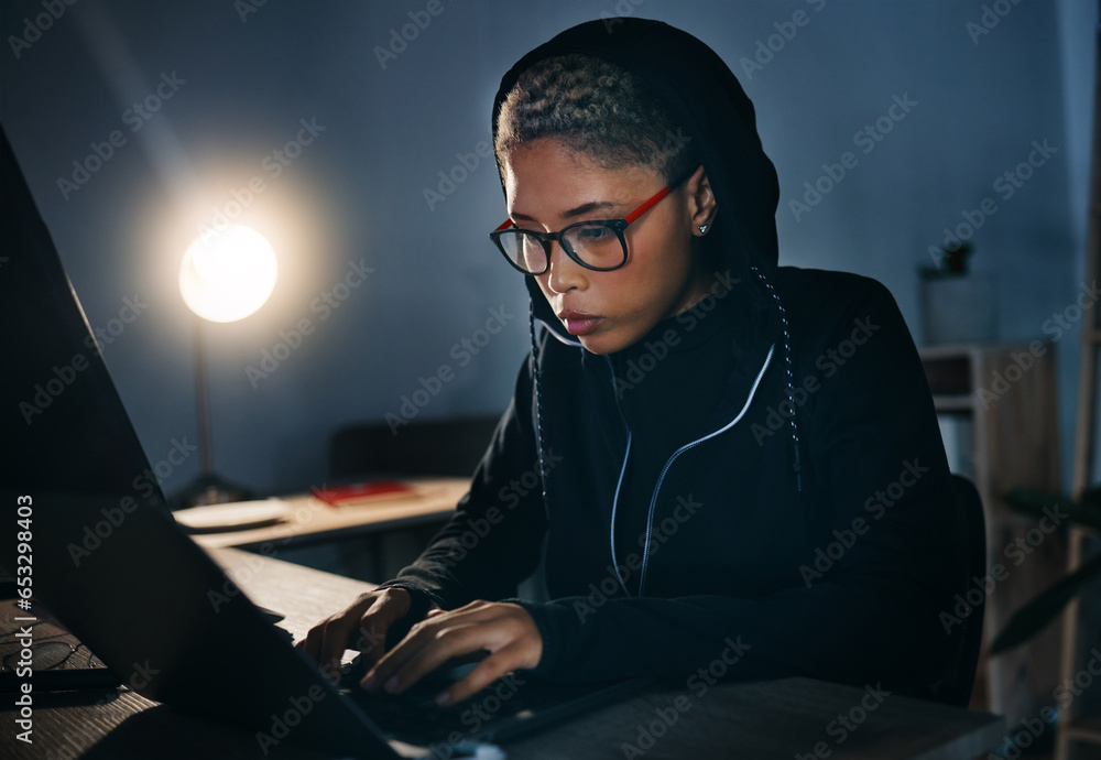 Fototapete hacker, woman in dark room with laptop and cyber crime, phishing and information technology with dat