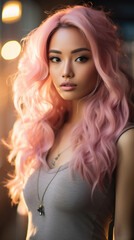 Portrait of Stunning Young Asian Woman with Pink Hair Captured in Golden Hour and Natural Light, High-Quality Beauty Photography