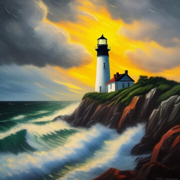 Impressionism painting style of storm clouds over lighthouse on rocky outcrop.  Generative AI