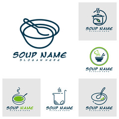 Set of Soup logo design concept. Food Cooking logo vector. Kitchen logo with pot full of vegetables.